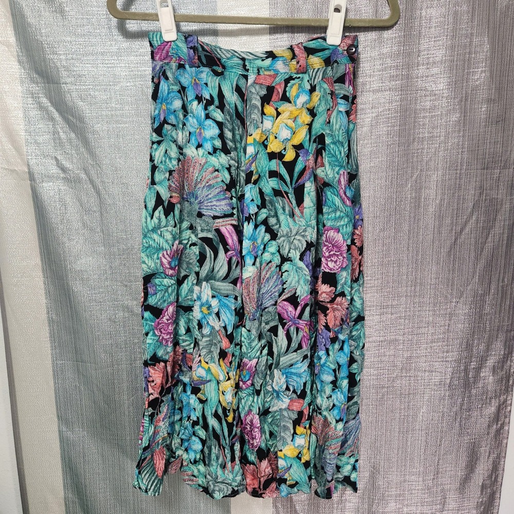 Condor Vintage Tropical Floral Midi Skirt High Waist Pockets Made in USA Size 8